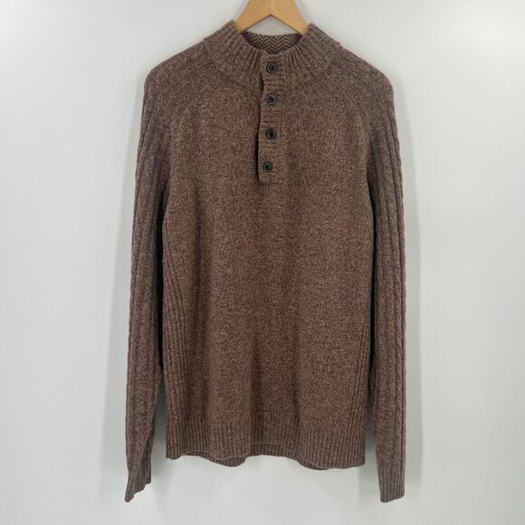 Jos A Bank 1905 Men's L Heather Brown Wool Blend Button Mock Neck Ribbed Sweater - Picture 7 of 7